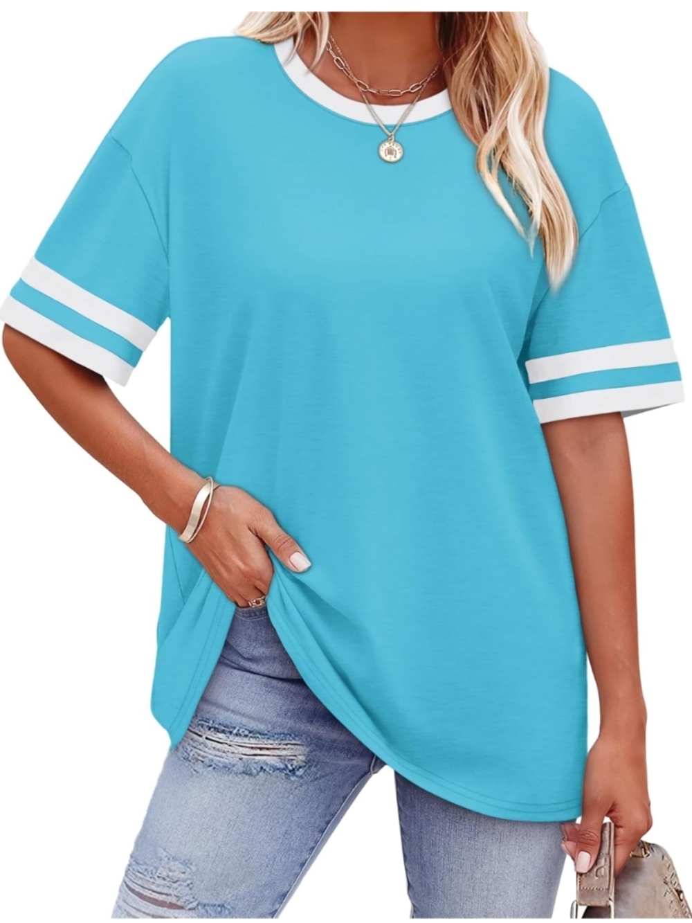 WIHOLL Sky Blue Color Block Short Sleeve Tee - Size XL (EUC)
